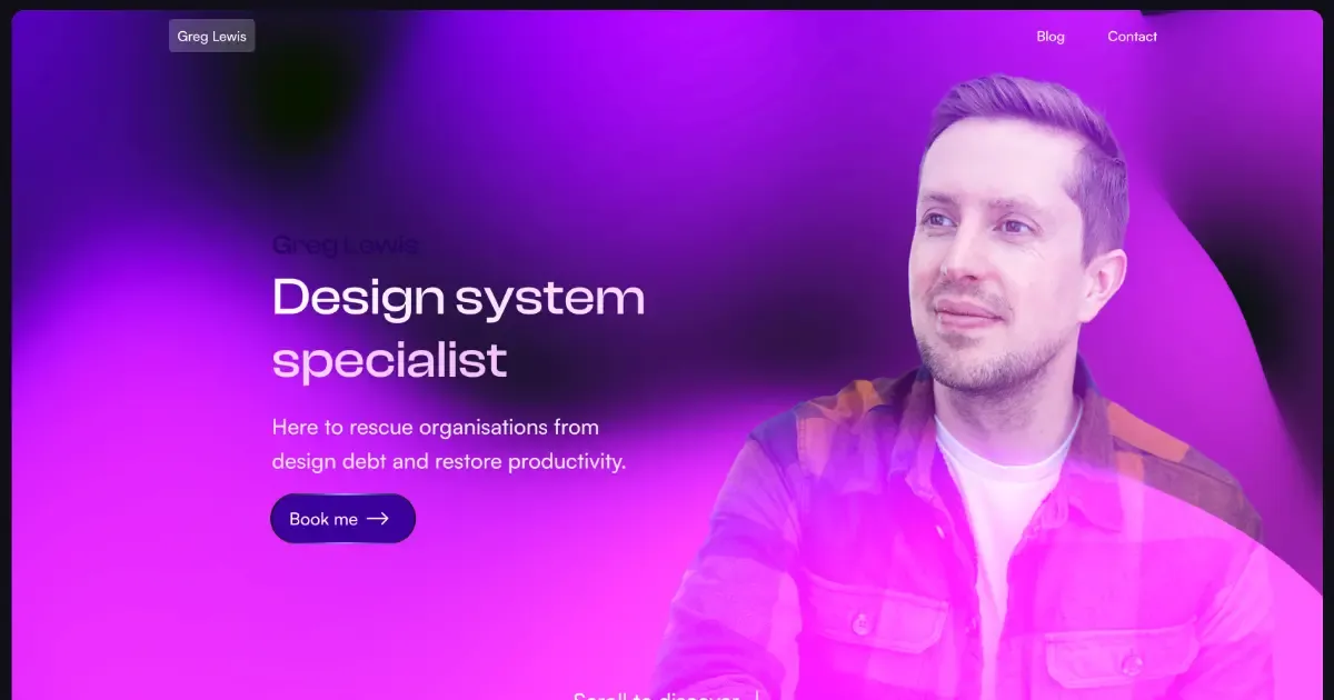The masthead of Greg's website featuring purple colours, a photo of Greg and the words Design System Specialist.